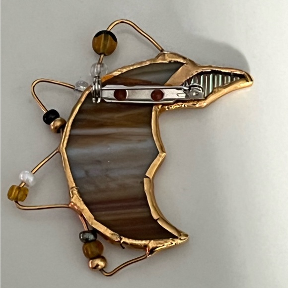 Very cool pink/green/blue/gold color pin.  Beads hanging from moon shaped pin. - Picture 4 of 7